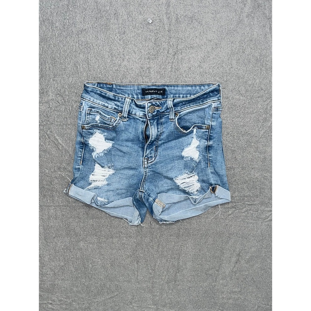 Aeropostale Womens High Rise Midi Distressed Denim Shorts Medium Wash Blue 24